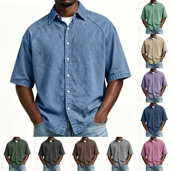 RongHuan Button Down Shirts for Men Casual Short Sleeve Cotton Shirt Summer Beach Outdoor Tops with Pocket