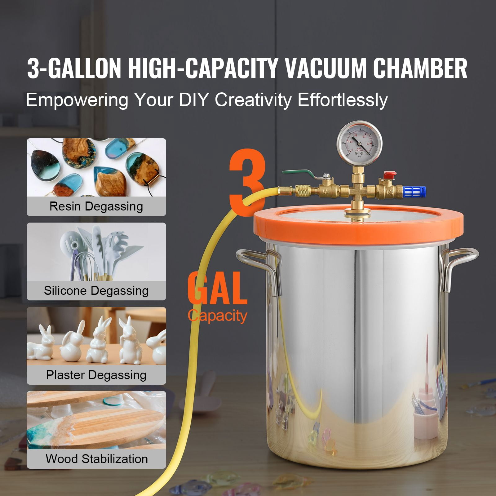 3 Gallon Vacuum Chamber with Glass Lid, 304 Stainless Steel for Resin & Silicone Degassing