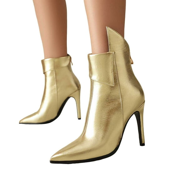 Womens Stiletto High Heels Fashion Ankle Boots Slip On Classic Pointed Toe Dress Fall Booties with Back Zipper Gold Size 6.5