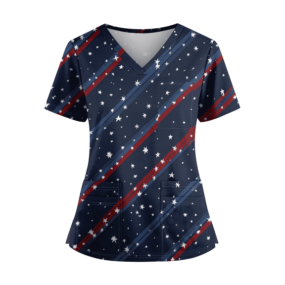 Iaqnaocc Patriotic Scrub Tops Women 4th of July American Flag Stars Stripes Nurse Uniforms Trendy V Neck Side Slits Scrub Shirt Holiday Short Sleeve Medical Workwear with Pockets Navy XL