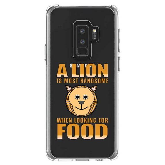 DistinctInk Clear Shockproof Hybrid Case for Samsung Galaxy S9+ PLUS (6.2" Screen) - TPU Bumper Acrylic Back Tempered Glass Screen Protector - Lion is Most Handsome When Looking for Food