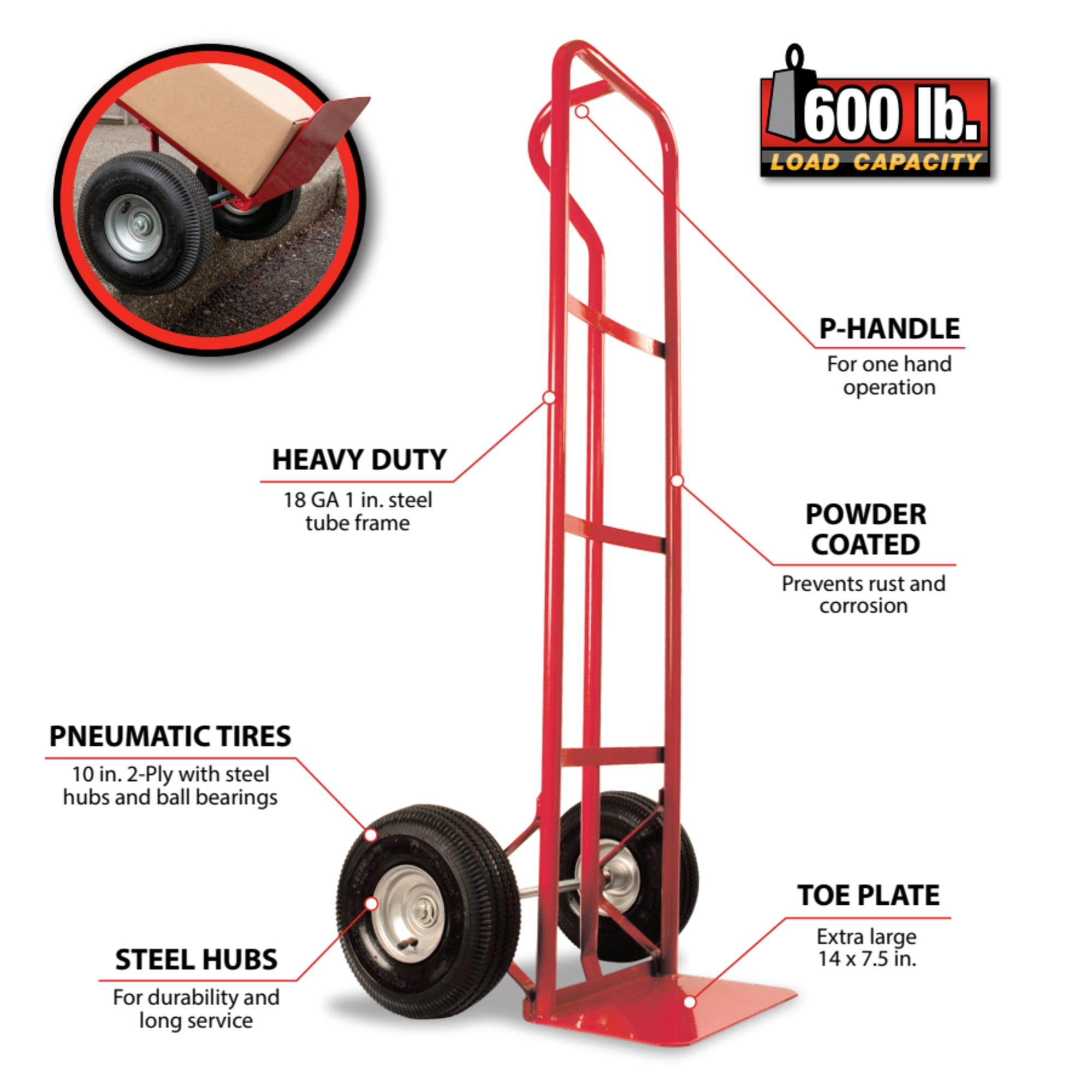 Performance Tool W41060 Heavy Duty Steel Hand Truck with Extra Large Toe Plate, Powder-Coated, Red