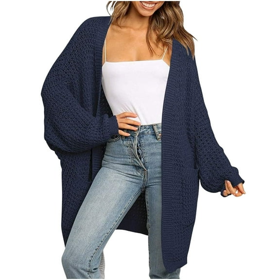 hoksml Women's Long Knit Cardigan Solid Color Loose Fit Long Sleeve Hoodless Sweater Jacket Coat with Pockets