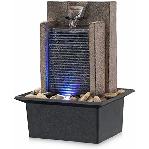 Tabletop Fountain Relaxing Tabletop Waterfall Fountain with Natural River Rocks & Color-Changing LED Lights - Indoor Zen Office/Home Decor Water Feature, 6.3"x 5.12"x 8.66"