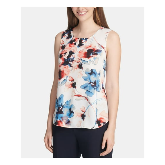 DKNY $59 Womens New 0165 White Floral Sleeveless Crew Neck Tank Casual Top S B B