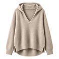 thumbnail image 4 of TZZQ V Neck Hooded Sweaters for Women Oversized Long Sleeve Chunky Knit Pullover Sweaters Soft Cozy Lightweight Warm Fall Winter Jumpers Cute Casual Streetwear Knitted Crochet Hoodies Beige S, 4 of 9