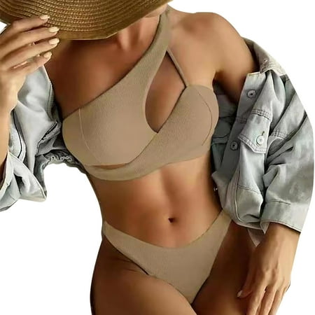 IDALL Bikini Sets Bathing Suit Women s 2 Piece Bathing Suits Halter Ring Bikini Set With Cover Up Skirt Womens Swimsuits Womens Swimwear Khaki L