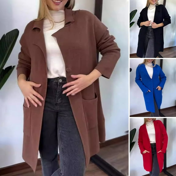 Fall Winter Women Jacket - Turn-down Collar Solid Color Single-breasted Coat Mid Length Loose Thermal Long Sleeved Commuting Dating Spring Fall Winter Overcoat