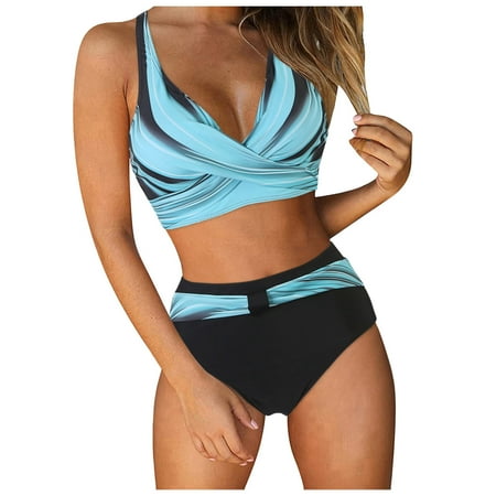 Vedolay Women s High Waisted Bikini Sets Sporty Two Piece Swimsuits Color Block Cheeky High Cut Bathing Suits Sky Blue 5X-Large