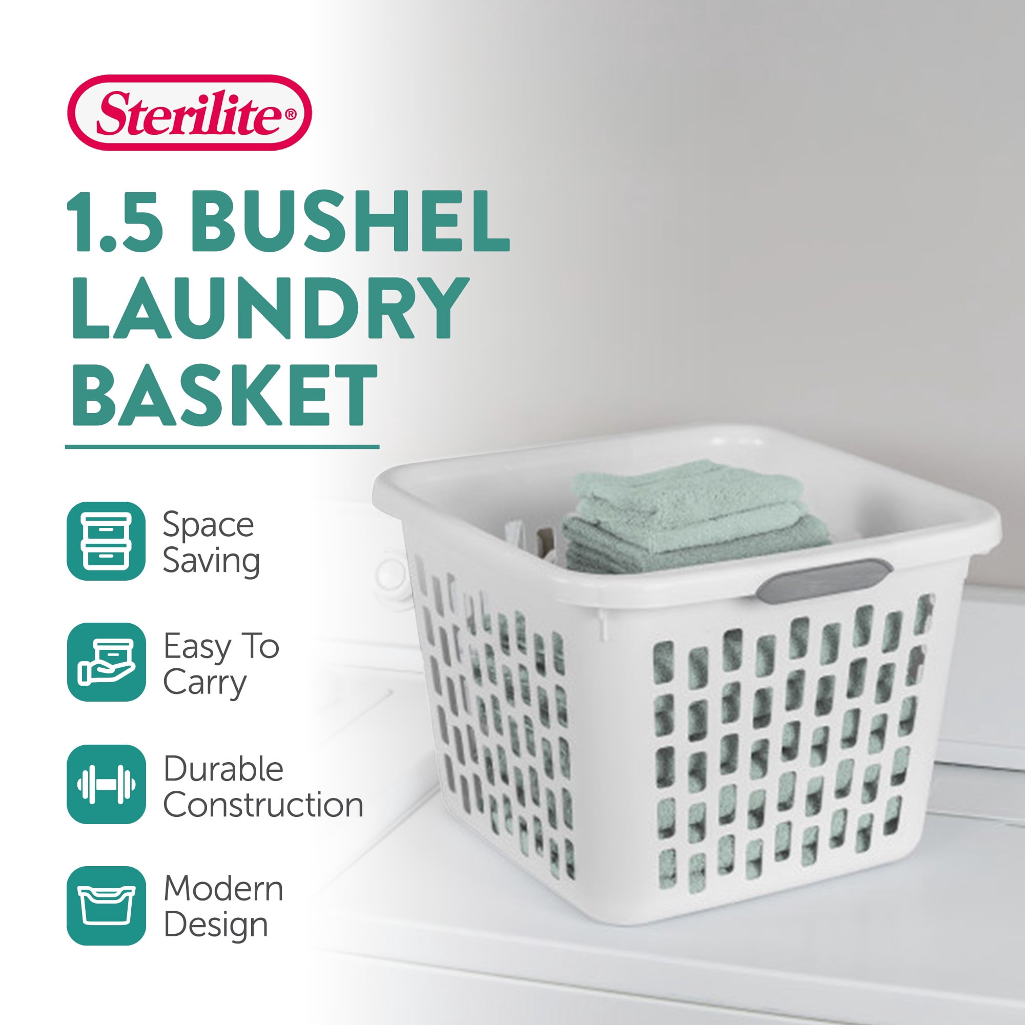 Sterilite Square Laundry Basket, 1.5 Bushel Plastic Hamper with Handles, White, 6 Pack