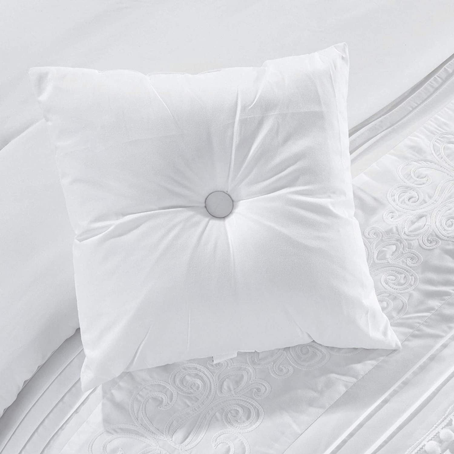 Chezmoi Collection 7-Piece Graceful White Floral Chenille Pom Pom Embroidery Comforter Set, Full