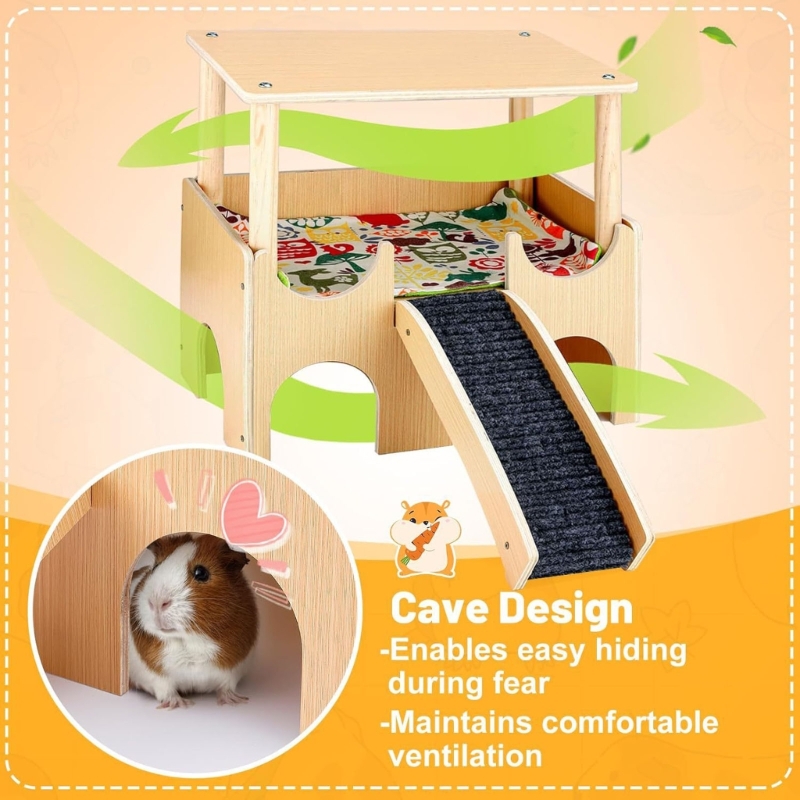 Zecic Ventilated Guinea Pigs Hideouts House Habitat Cage Playgrounds for Small Wood Rodents House 3 Entrance Hideaways With SlipProof Ramp 2 Decker Design