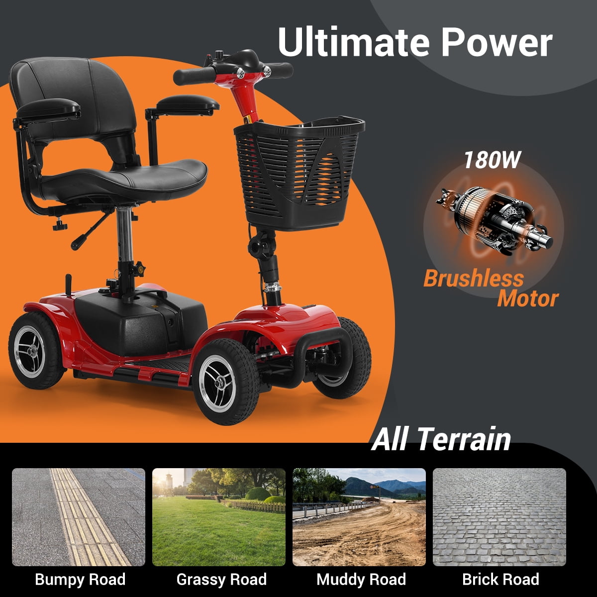 TEKAMON 4 Wheels Mobility Scooter - Portable Folding Power Electric Mobility Scooters for Seniors, Adults, Handicapped, Elderly - Range Extended Battery,Red