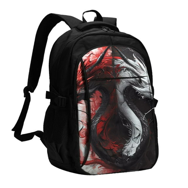 Bingfone Cool Black And White Dragon for USB Backpack, Multi-compartment Multi-pocket Computer Backpack, Suitable for Travel, Business, Leisure, Unisex