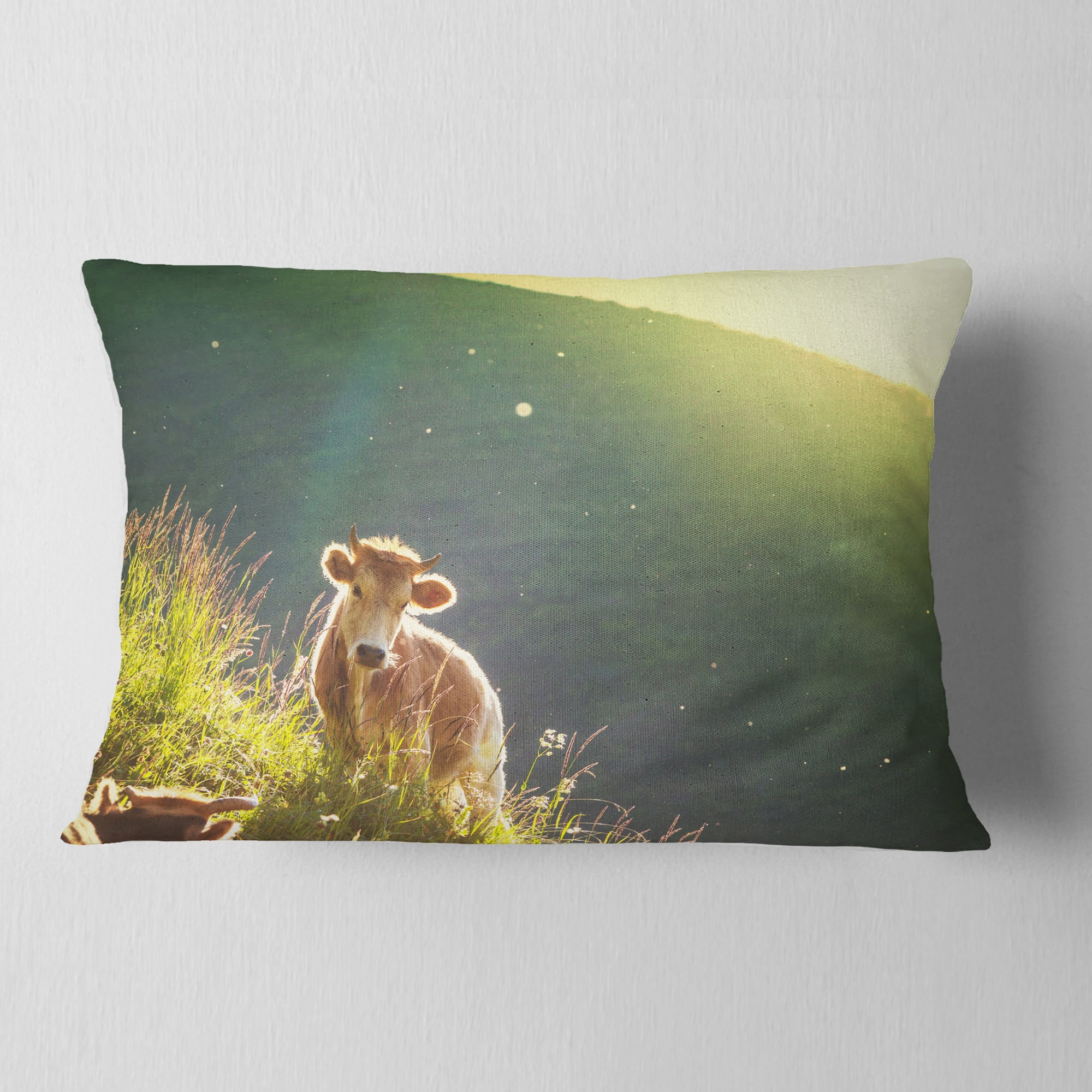 Designart Cow Grazing on Meadow Evening - Landscape Printed Throw Pillow - 12x20