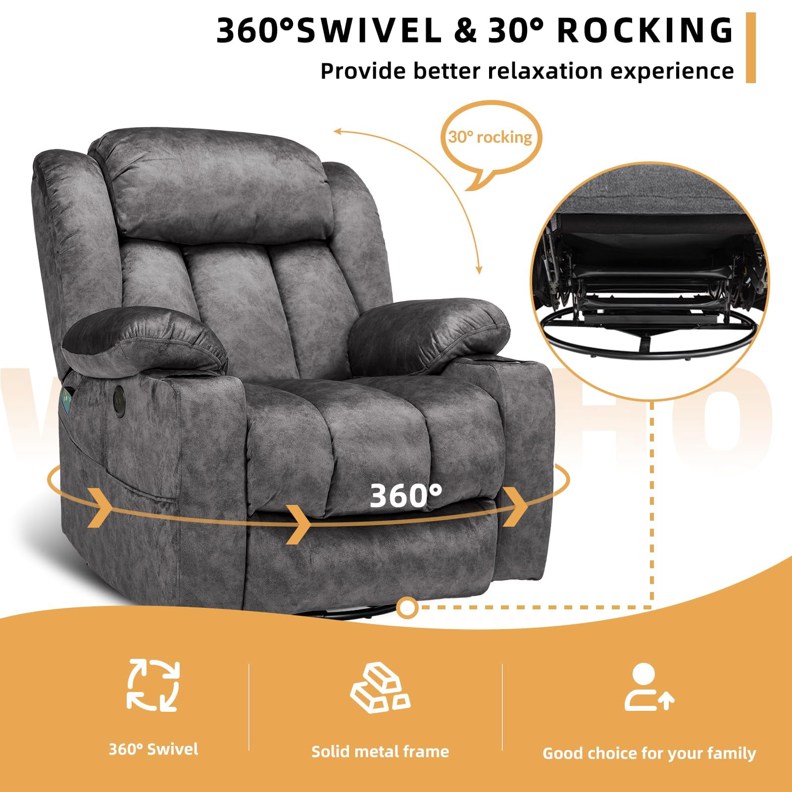 360° Swivel Glider Rocking Recliner Chair, Overstuffed Manual Massage Recliner with Heat and Vibration, Single Modern Sofa Home Seating for Living Room, USB Ports/Cup Holders (Plush-Grey)