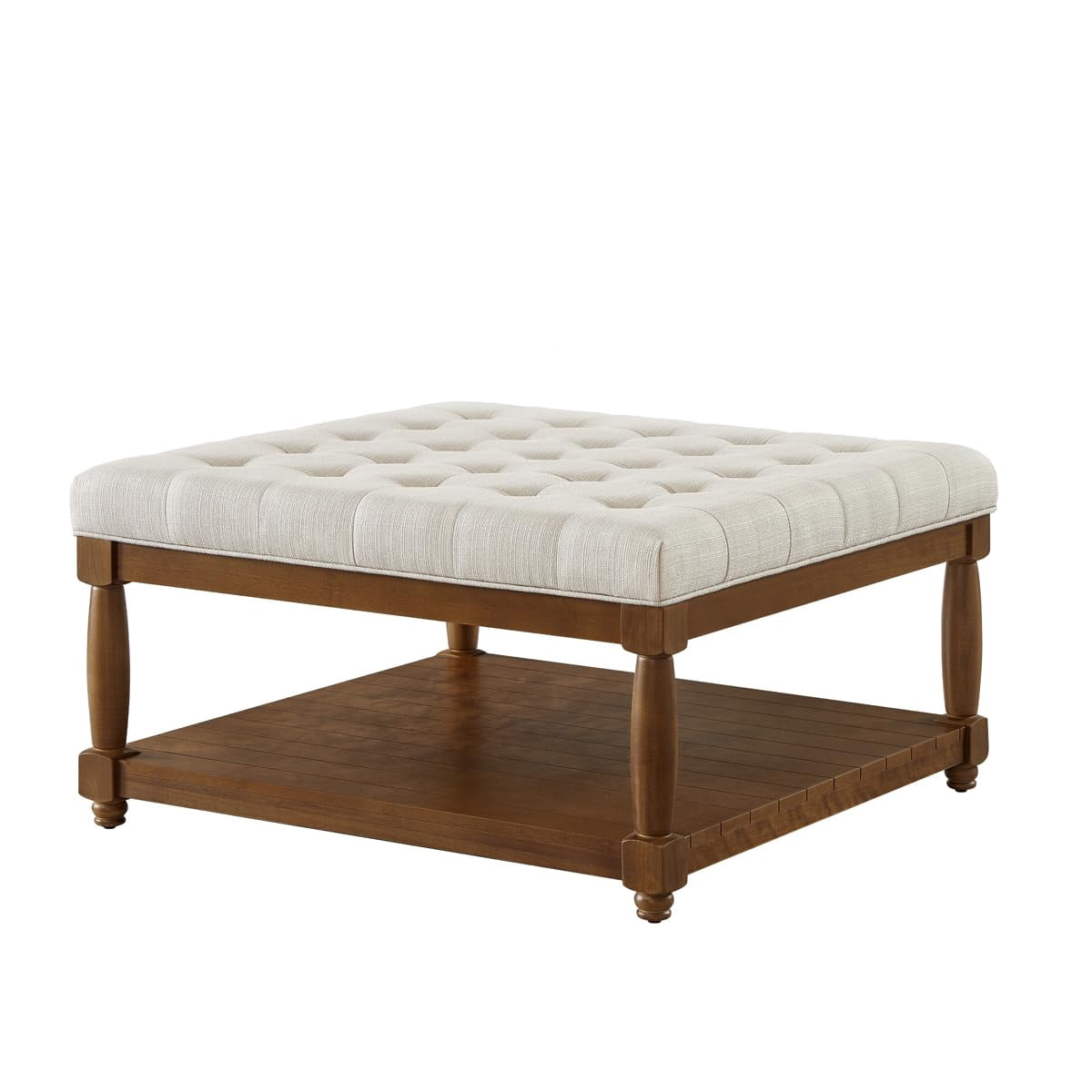 ODUWA Coffee Table Ottoman with Storage Shelf, Tufted Upholstered Footrest Stool, Solid Wood Base Accent Table for Living Room