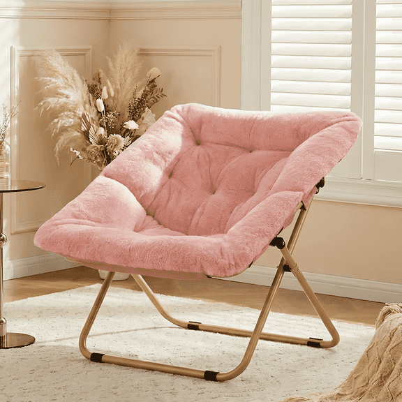Arlopu Folding Saucer Chair, Soft Faux Fur Lounge Chair with Side Pocket for Bedroom Reading Room Dorm, Pink