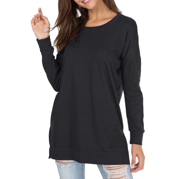 Women Side Slit Long Sleeve Sweater Crew Neck Loose Fit Casual Knit Pullover Top Black XS