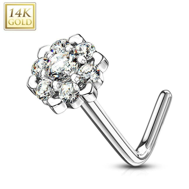 Nose Ring L-Bend with Prong CZ Gem Paved Outer Circle 6 Point Flower 14kt GD 20g