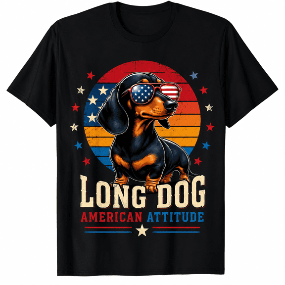 Patriotic Dachshund Long Dog American Attitude T-Shirt for Men and Women, Funny Wiener Dog Sunglasses USA Flag Graphic Tee, 4th of July Independence Day Dog Lover Gift