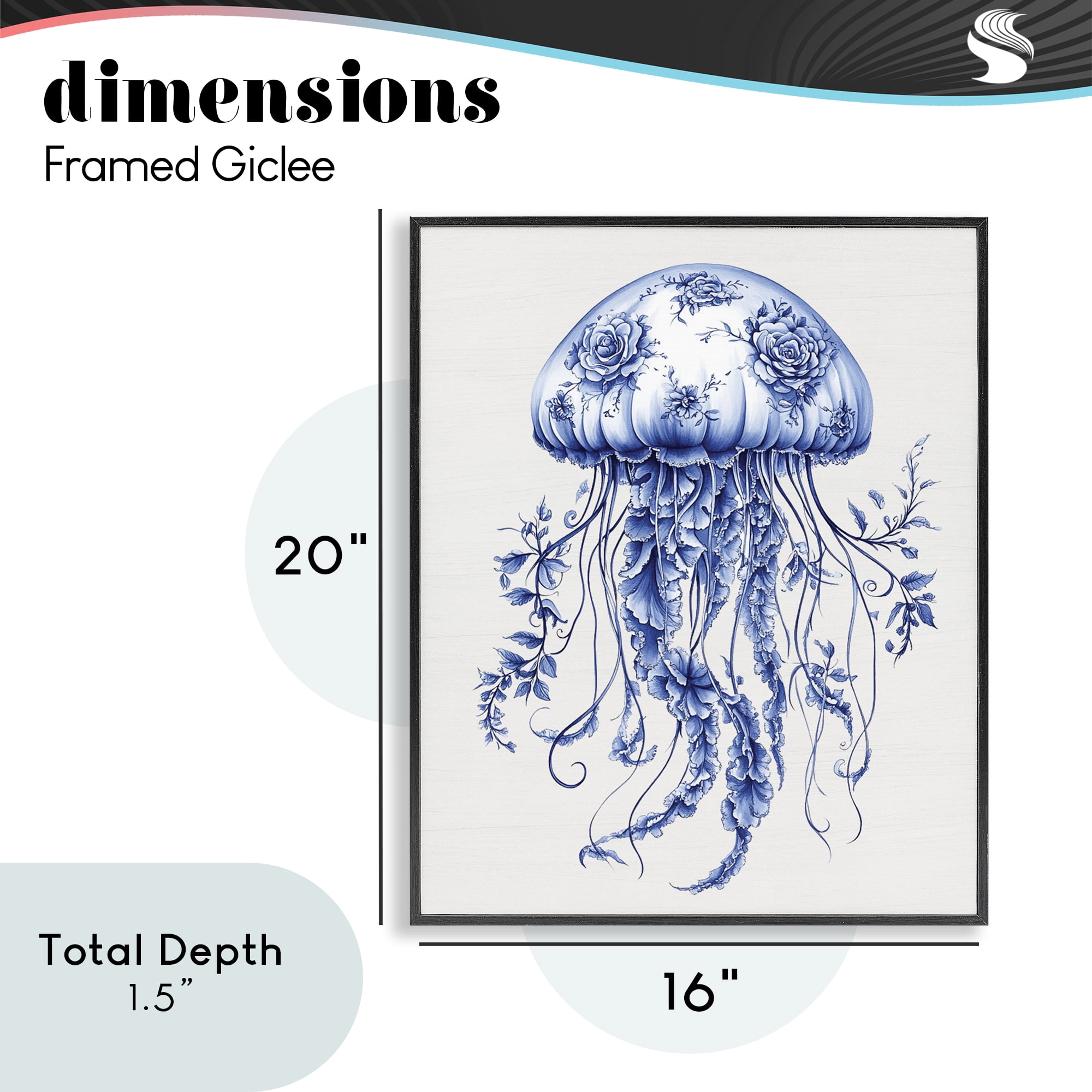 Funky Toile Jellyfish Black Framed Giclee Art, design by Lettered and Lined