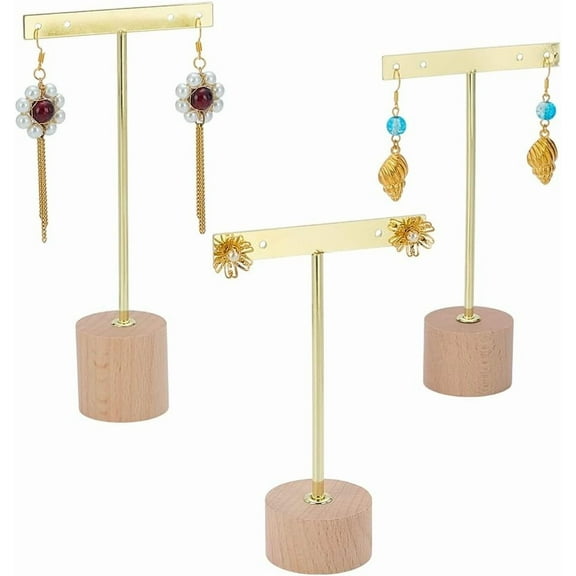 3 Pcs Golden Metal T Bar Earring Display Stand 4.7/5.7/6.6inch Height Jewelry Stand with Wooden Round Base Earring Hanging Holders Jewelry Organizer