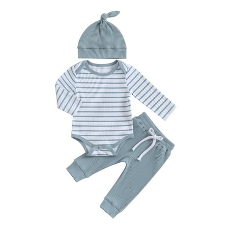 

Co.MMehjri Baby Cotton Pajamas Clothing Set 3 6 9 12 18 Months Infant Clothes Long Sleeve Crew Neck Striped Romper with Pants and Hat Newborn Clothes Sleepwear