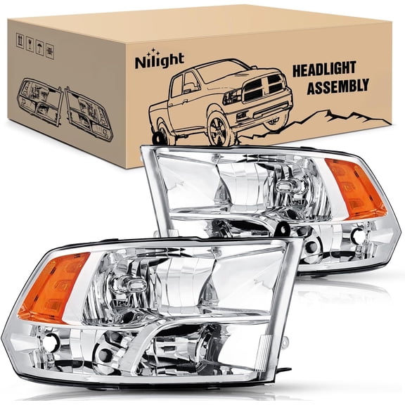 Nilight Headlight Assembly 2009 2010 2011 2012 2013 2014 2015 2016 2017 2018 Ram 1500 2500 3500 Pickup Quad Headlamp Assembly Replacement Chrome Housing Amber Corner Clear Lens,(Only for Quad Models)