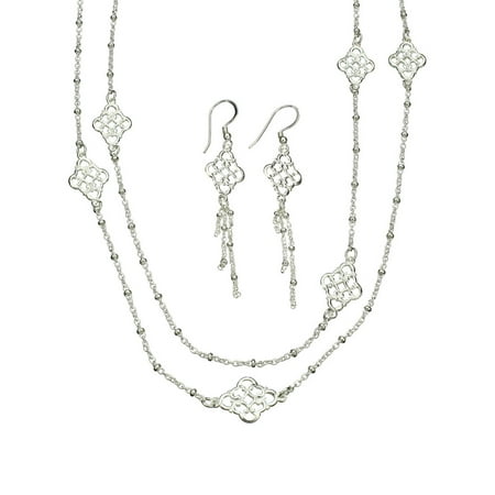 Long Link Earrings - Sterling Silver Floral Link Dangle Earrings, Long Italy Necklace, 46