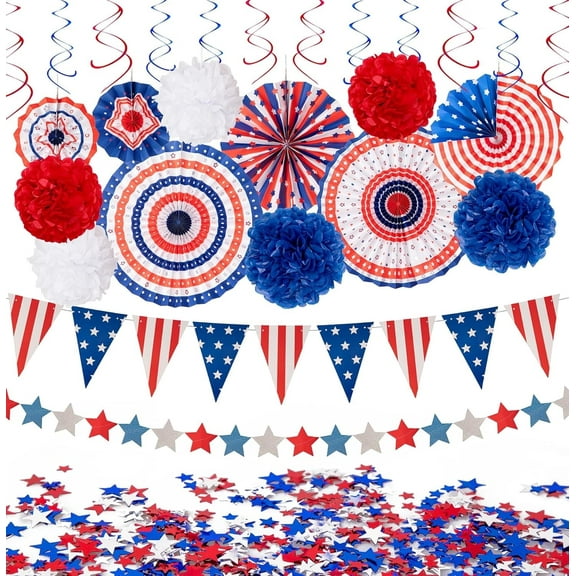 29PCS 4th/Fourth of July Patriotic Decorations Set - Red White Blue Paper Fans,USA Flag Pennant,Star Streamer,Pom Poms,Hanging Swirls Party Decor Supplies