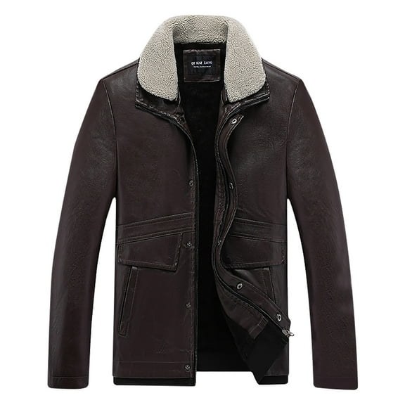 HOOMEUMY Mens Fleece Lined Leather Jacket 2025 Trendy Classic Solid Coat Turndown Collar Jacket Padded Design Casual Workout Long Sleeve Clothes Fashion Brown L