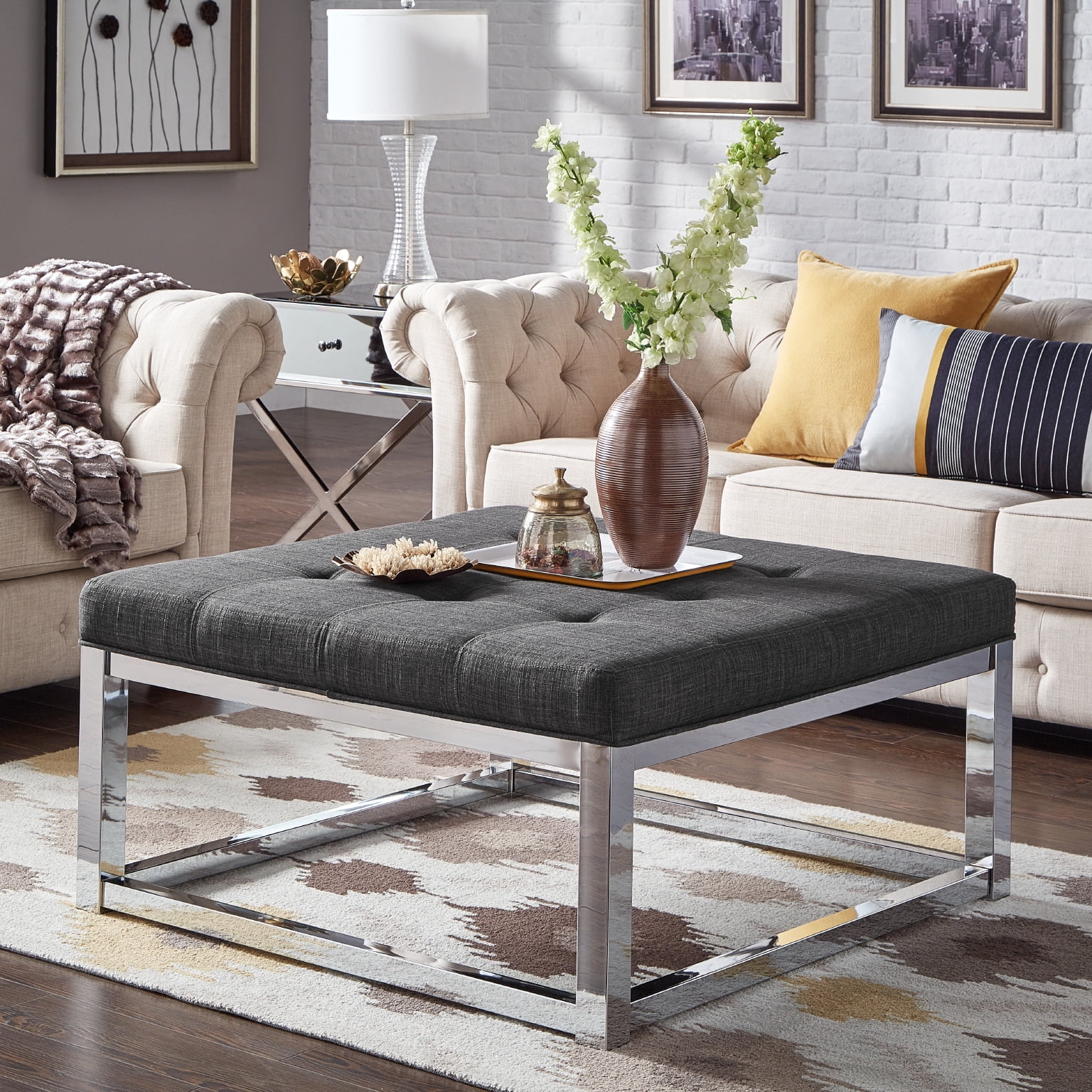 Weston Home Libby Dimpled Tufted Cushion Ottoman Coffee Table with