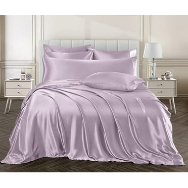 7 Pieces Satin Sheets Set Queen Size, Luxury Silky Lavender Satin Bed Sheets Set with 1 Deep Pocket Fitted Sheet, 1 Soft Flat Sheet, 4 Queen Pillowcases and 1 Body Pillowcase