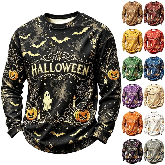 Havenx Halloween Shirts for Men Pumpkin Print Shirt Long Sleeve Crewneck T-Shirts Lightweight Casual Retro Spooky Scary Funny Tee Tops,Black XL