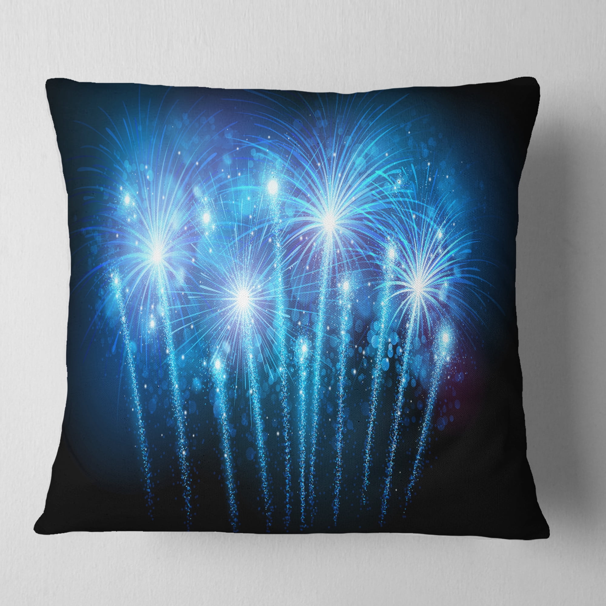 Designart Blue Fireworks at Night Sky - Skyline Photography Throw Pillow - 18x18