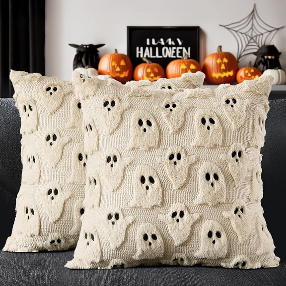 Halloween Decor-Cute Ghost Halloween Pillow Covers 18x18 Inch Set of 2 Beige | Soft Plush Faux Fur Throw Pillows Spooky Fall Decorative Cushion Covers for Couch Sofa Bed Porch Living Room