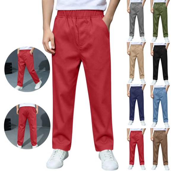 LEKWK Boys Uniform Pants Chino Pants Pull-On Elastic Waist Straight Leg Trousers with Pockets Kids Twill Pants 5-15Y Back to School Clothes