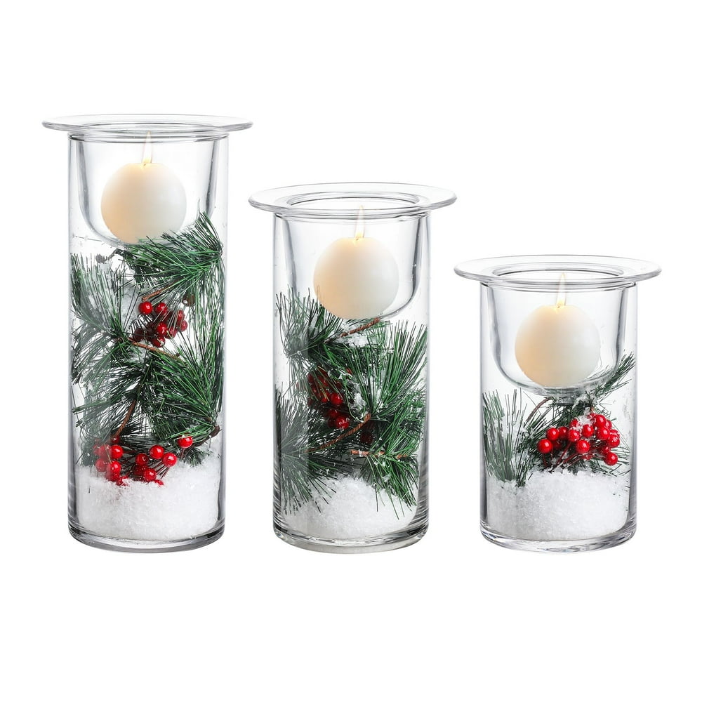Glass Hurricane Candle Holders with Decorative Christmas Ornaments
