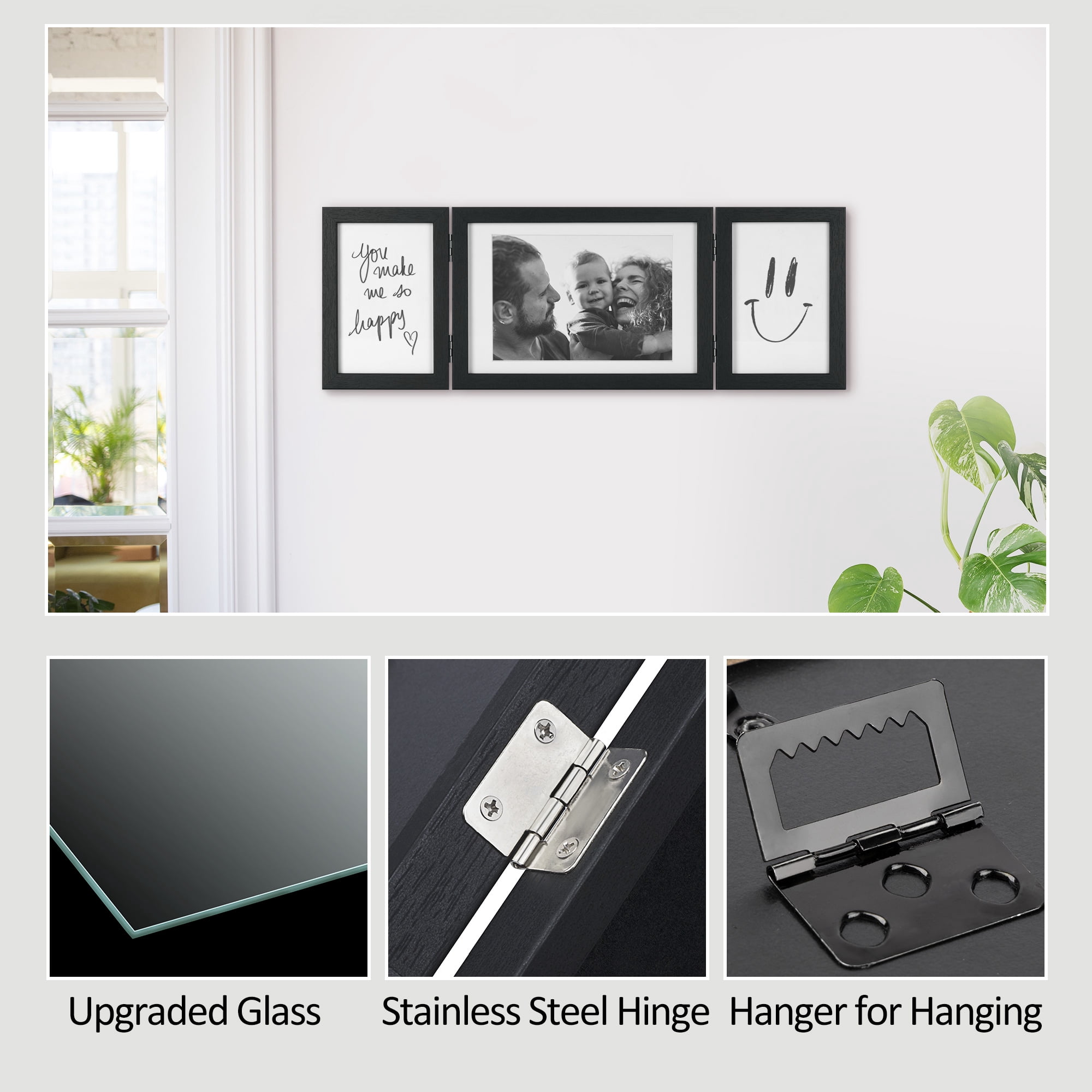 SUMGAR Three Picture Frames 5x7 4x6 Black Trifold Hinged Folding Collage Frame with 3 Opening,Wedding Family Photo Frame Vertical for Wall Table Decor