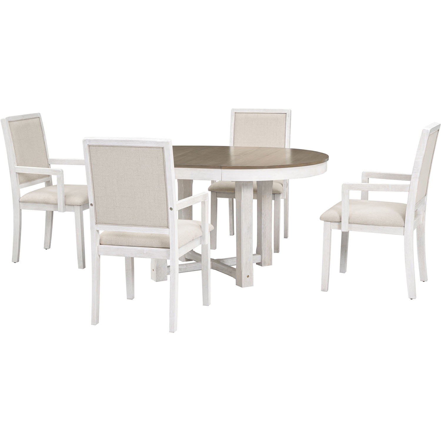 Kadyn 5-Piece Dining Table Set, 4 Upholstered Dining Chairs with Armrests, Extendable Butterfly Leaf Wood Dining Table, Brown+White