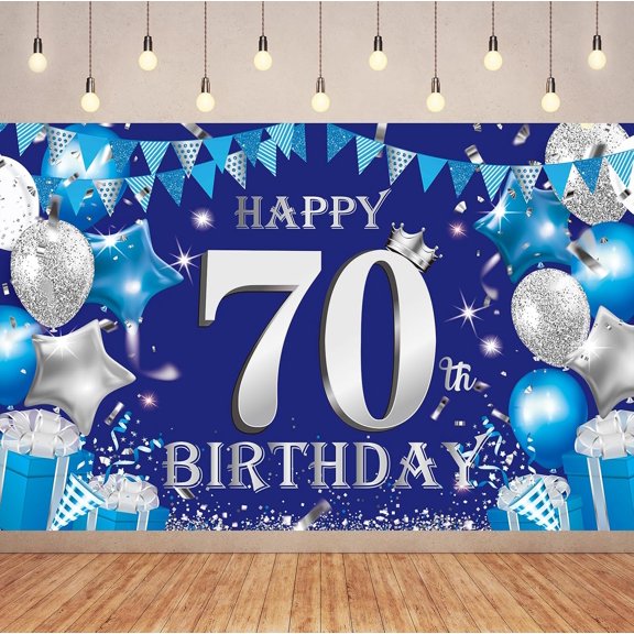 Blue and Silver Birthday Banner Party Decorations,Happy 70th Birthday Backdrop Decorations,Blue Silver Happy Birthday Photography Background