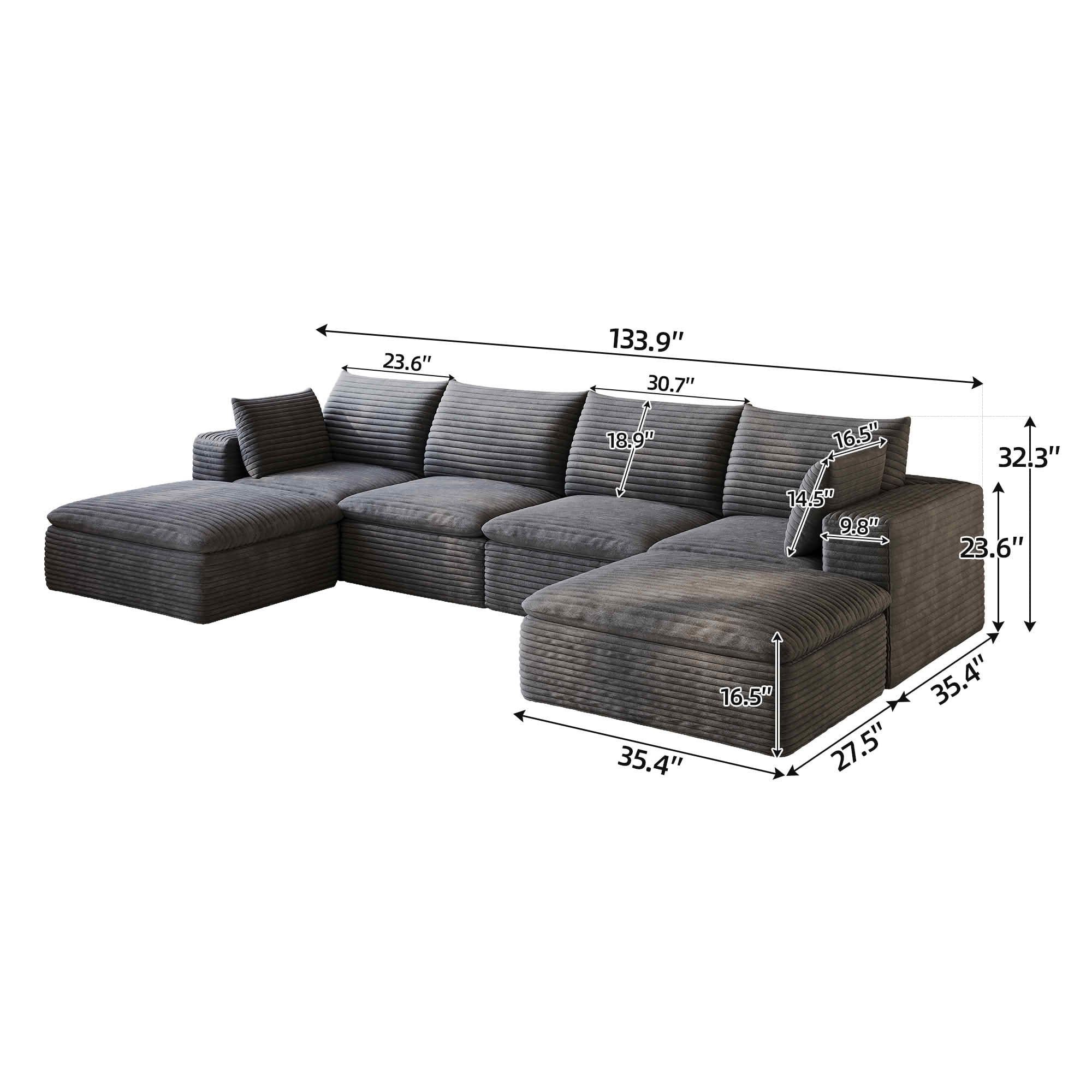 MAYEERTY 134 Inch Cloud Modular Sofa, Corduroy Deep‑Seat Couch with Double‑Layer Removable Cushions, No‑Assembly DIY Combination Sponge Sofa for Living Room Bedroom Conference Room Apartment