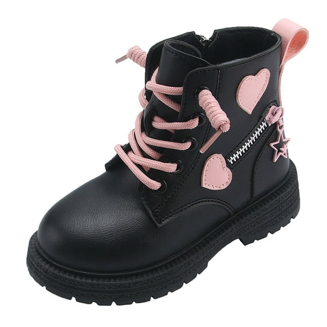 MIASHUI Girls Winter Boots Color Matching Lace Up Side Zipper Leather Boots,Black,5.5-6 Years