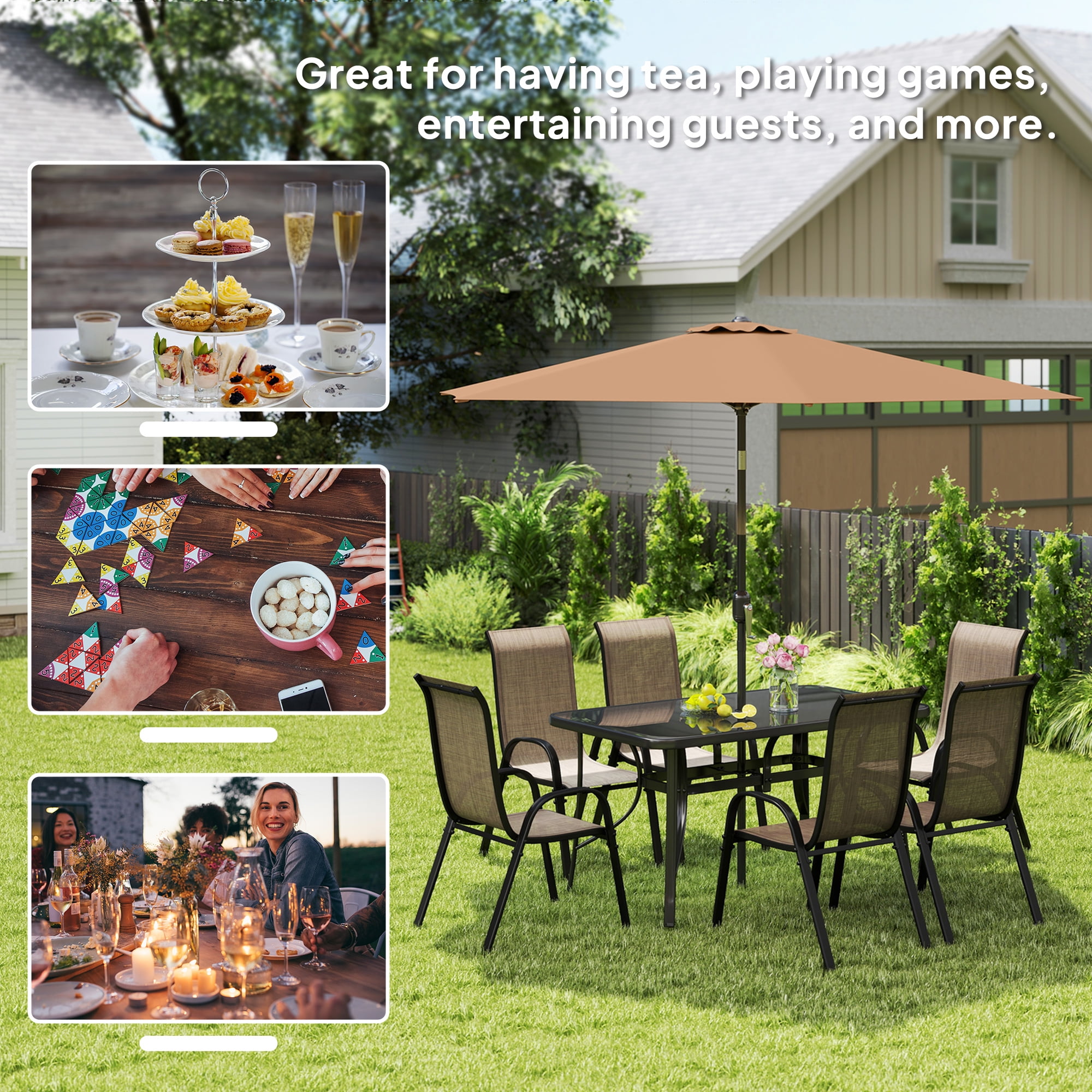Outsunny 8 Piece Patio Furniture Set with Umbrella, Outdoor Dining Table and Chairs, 6 Chairs, Push Button Tilt and Crank Parasol, Glass Top, Brown
