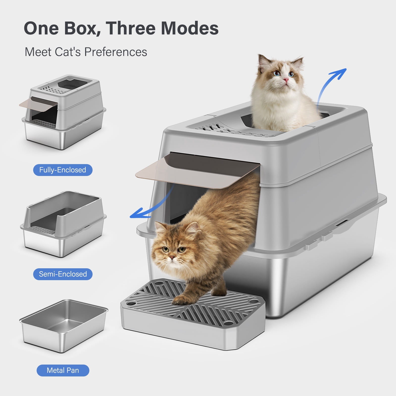 Aphyxen Stainless Steel Enclosed Cat Litter Box, Extra Large Top Entry with 110° Flip Cover & Pedal, Anti-Leakage, Grey