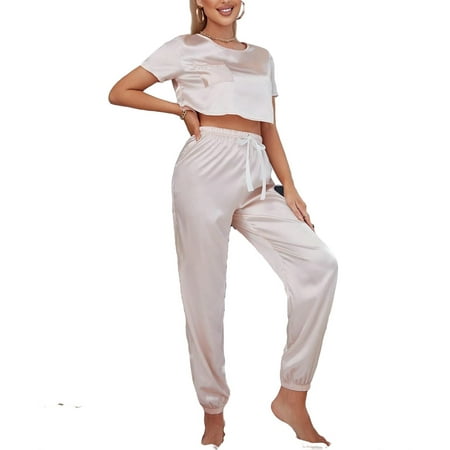 

Elegant Round Neck Pant Sets Short Sleeve Baby Pink Womens Pajama Sets (Women s)