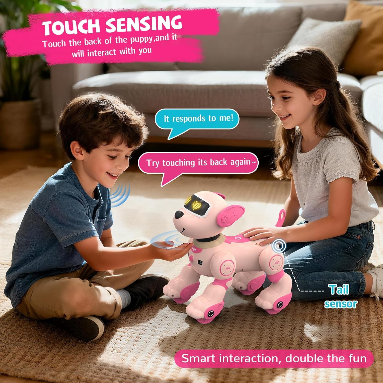 Robot Dog , RC Smart Programmable Robotic Puppy Interactive Touch Music Remote Control Follow Mode Fun Educational Learning Rechargeable Pink