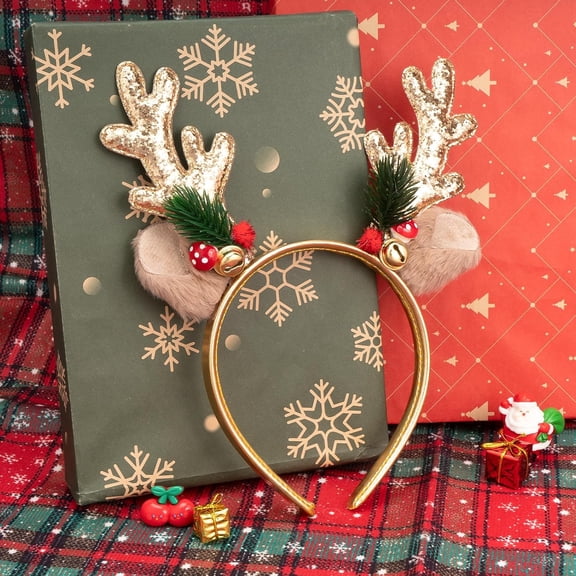 Christmas Reindeer Antlers Headbands for Women Girls Glitter Elk Antlers Ears Headband with Jingle Bells Christmas Headwear Decorations