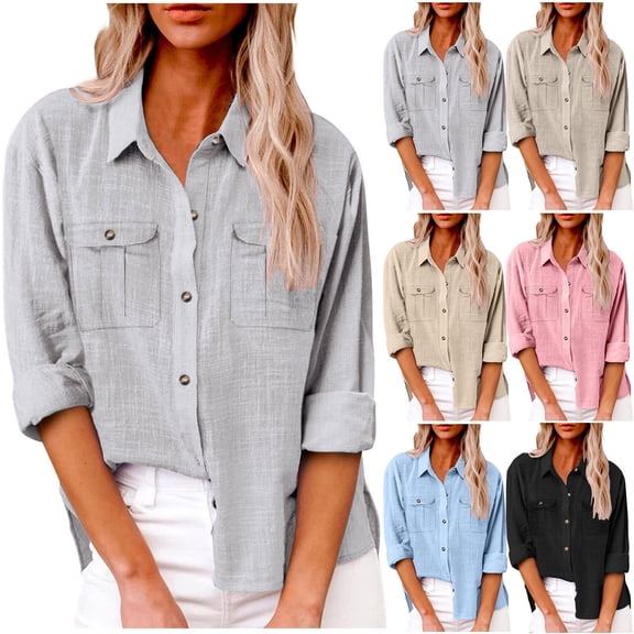 Women Shirts Button Down Solid Color Lapel Collared Spring Tops Summer Long Sleeve Dressy Casual Work Blouses Business